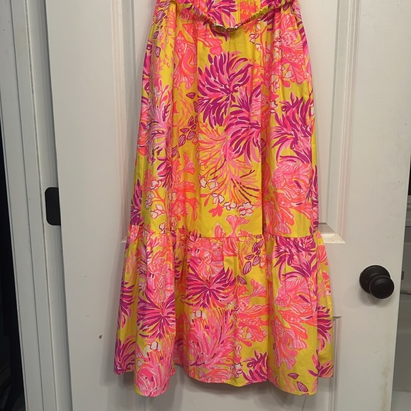 Lilly Pulitzer Bri V-Neck Cotton Midi-Dress - Calla Yellow Floral Coral - Size 4 - Picture 9 of 11